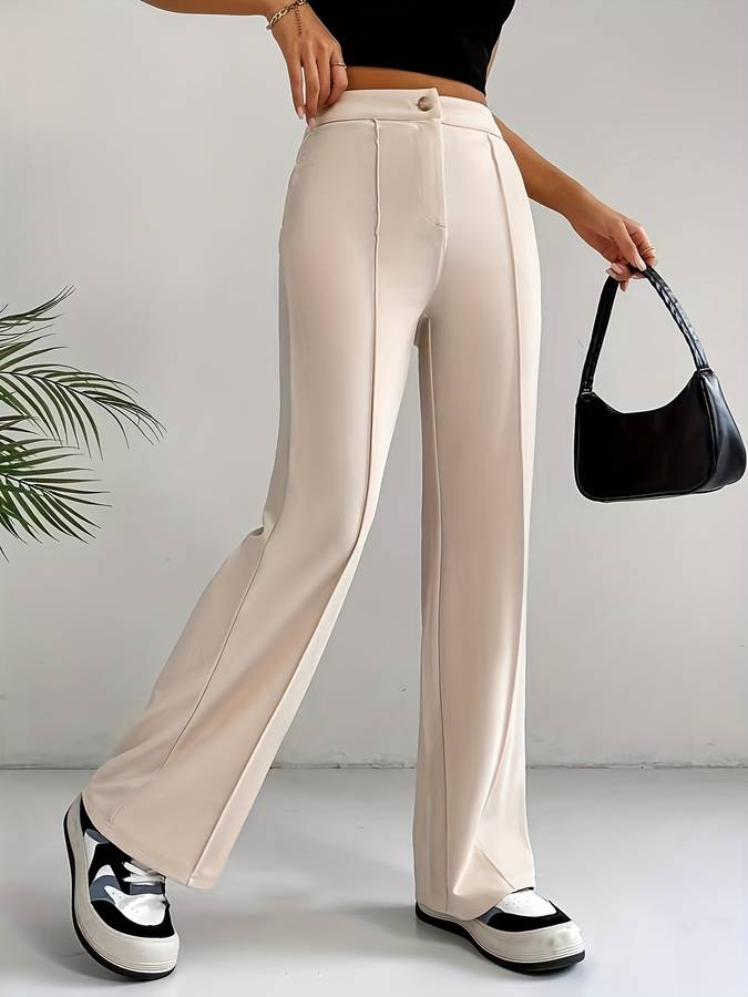 Beige pantalon met hoge taille en wijde pijpen