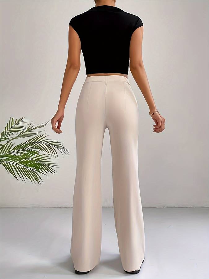 Beige pantalon met hoge taille en wijde pijpen