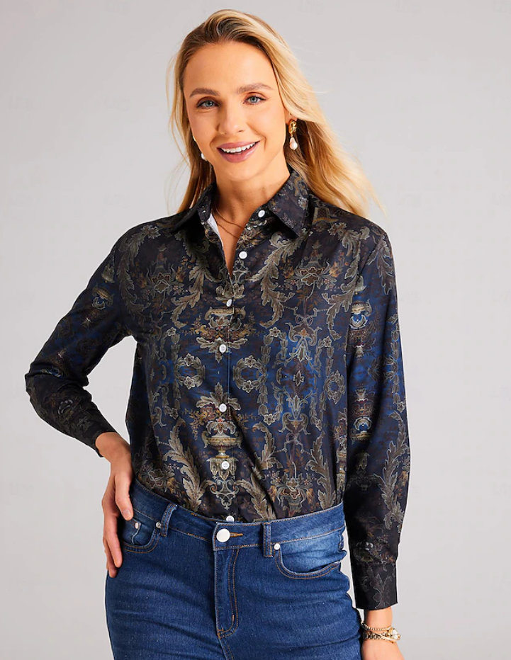 Stijlvolle donkerblauwe Herfst Blouse met Lange Mouwen voor Vrouwen