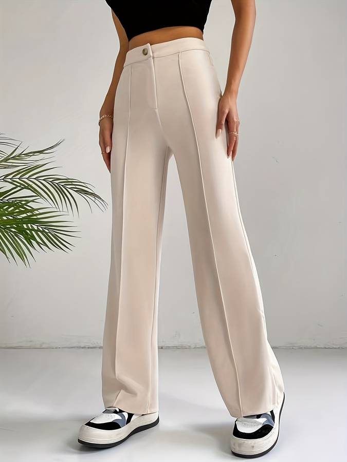 Beige pantalon met hoge taille en wijde pijpen